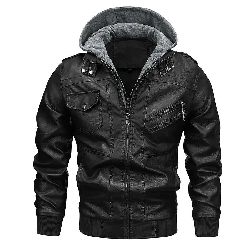 Car Leather Jacket Men's Short Knitted Hooded Casual Business Retro PU Leather