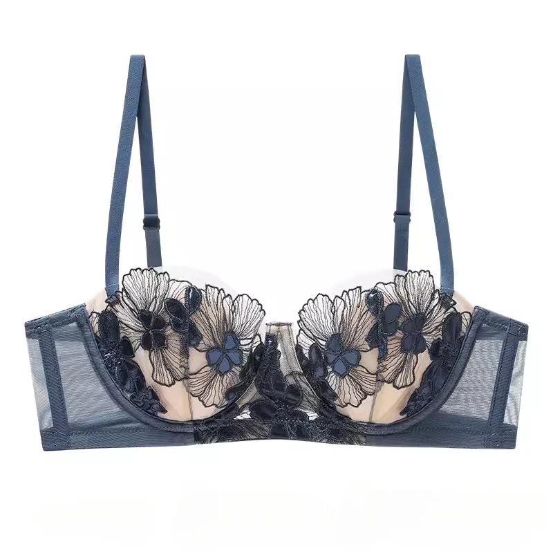 Rabbit Ears Big Chest Small Thin Bra French Underwear Soft Underwire Sexy European and American Embroidery Bra Set for Women