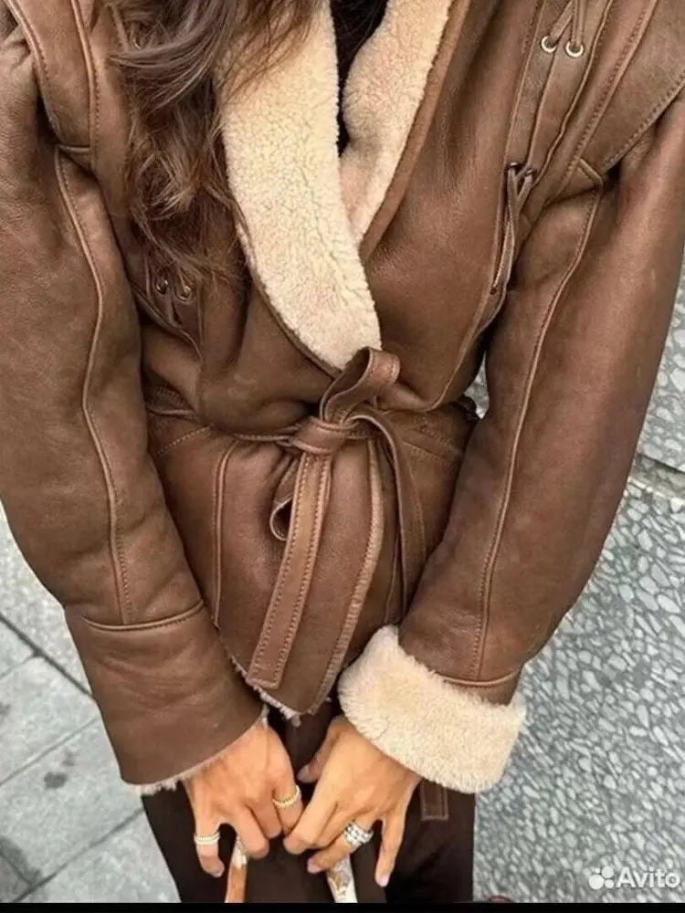 Leather Jackets Women's With Belt Fur Coat Streetwear Fashion Solid Outwear Woman Elegant Jackets Chaqueta De Cuero Para Mujer