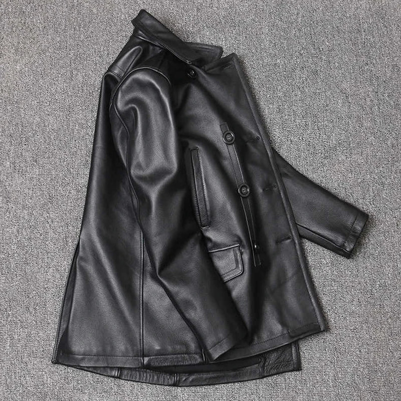 Genuine Leather Jacket Men's Top Layer Cowhide Jacket Mid-Length Men's Lapel Windbreaker Slim-Fit Jacket Double-Breasted