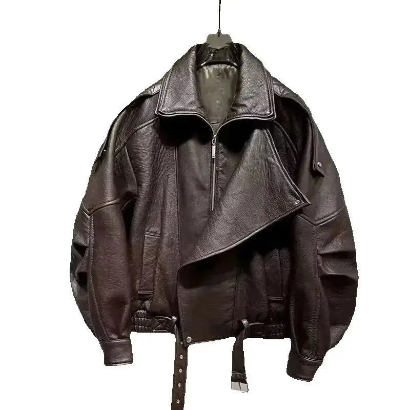 Leather Jacket Motorcycle Male Handsome Rugged and High-End 2025 Autumn Winter New Jacket Short Style Solid Color Jacket Trendy