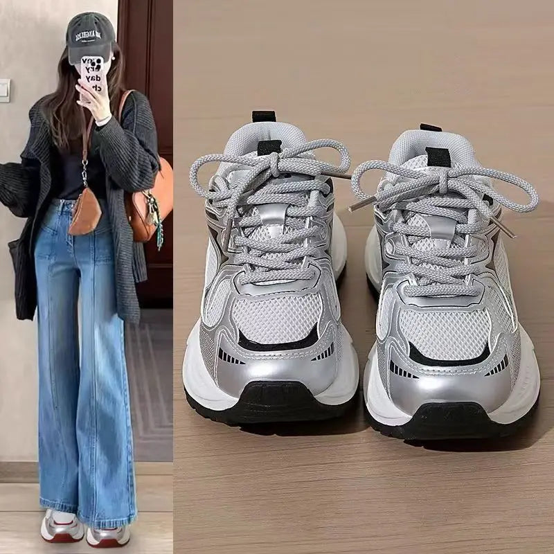 Dad's shoes, women's new Instagram versatile white shoes with thick soles to increase appearance, running sports