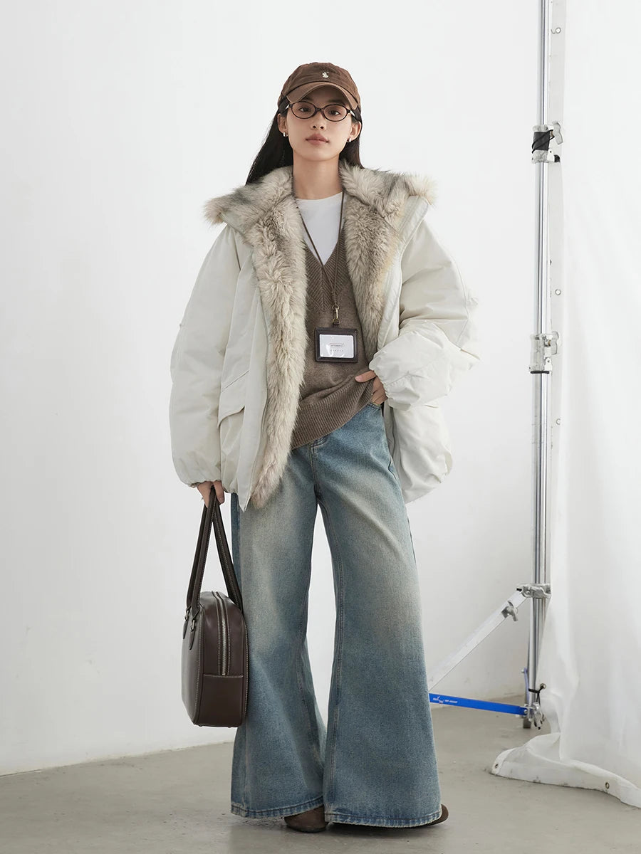 CHIC VEN Korean Women Down Coats Faux Fur Collar Loose Casual Hooded 90 White Duck Down Female Down Jacket Autumn Winter 2025