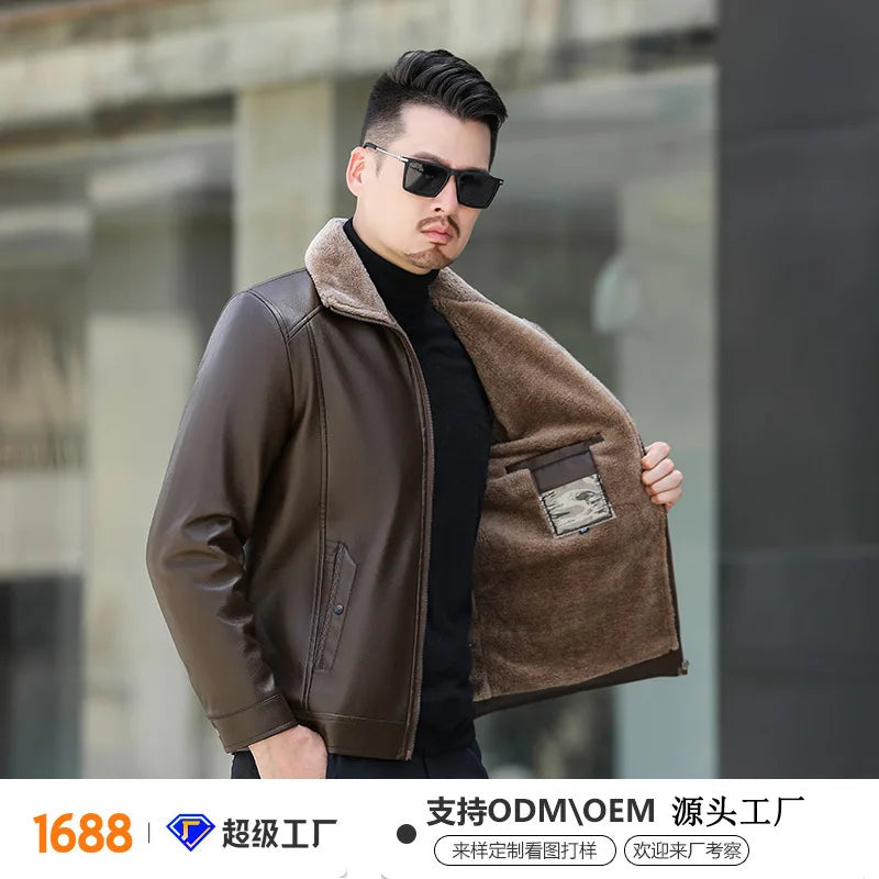 2025 New Leather Jacket Men's Coat Fur One-piece Jacket Winter Plus Velvet Thickened Loose