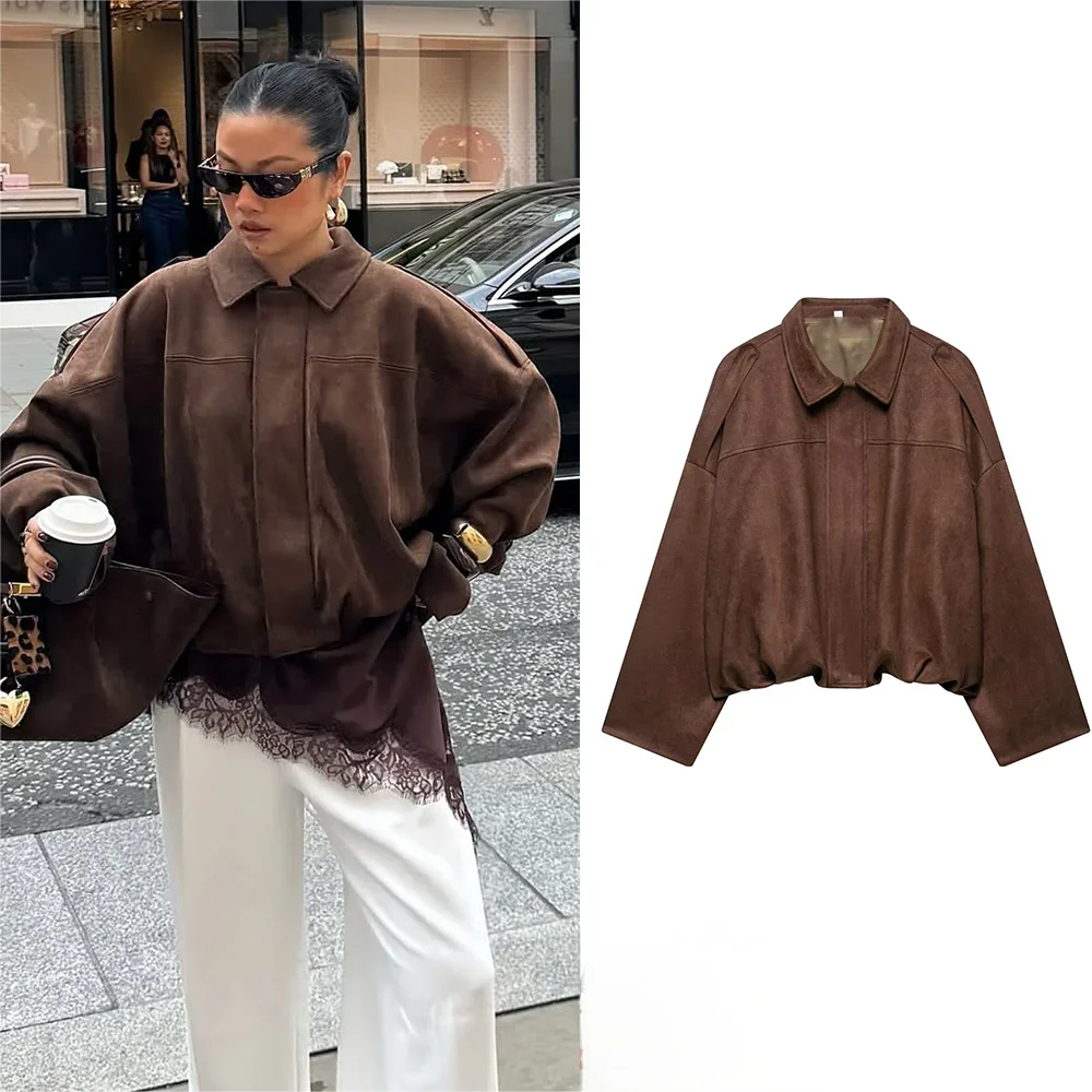 KONDALA Casual Chic Khaki Brown Bomber Jacket Women Long Sleeve Zipper Loose Coats Fashion 2025 Autumn Winter Streetwear Outwear