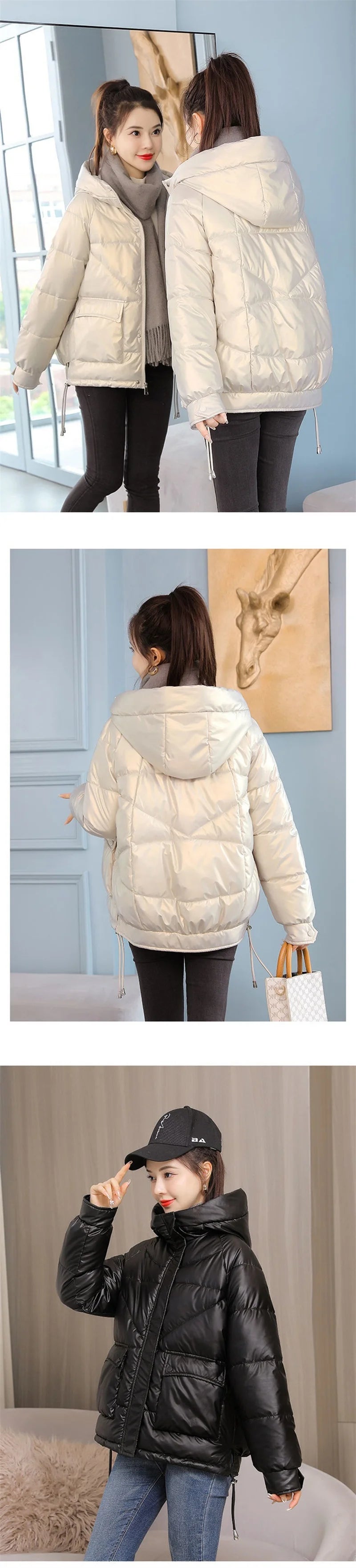 Winter Jacket Women 2025 New Glossy Down Cotton Jacket Hooded Parka Warm Cotton Padded Jacket Casual Outwear Female Tops