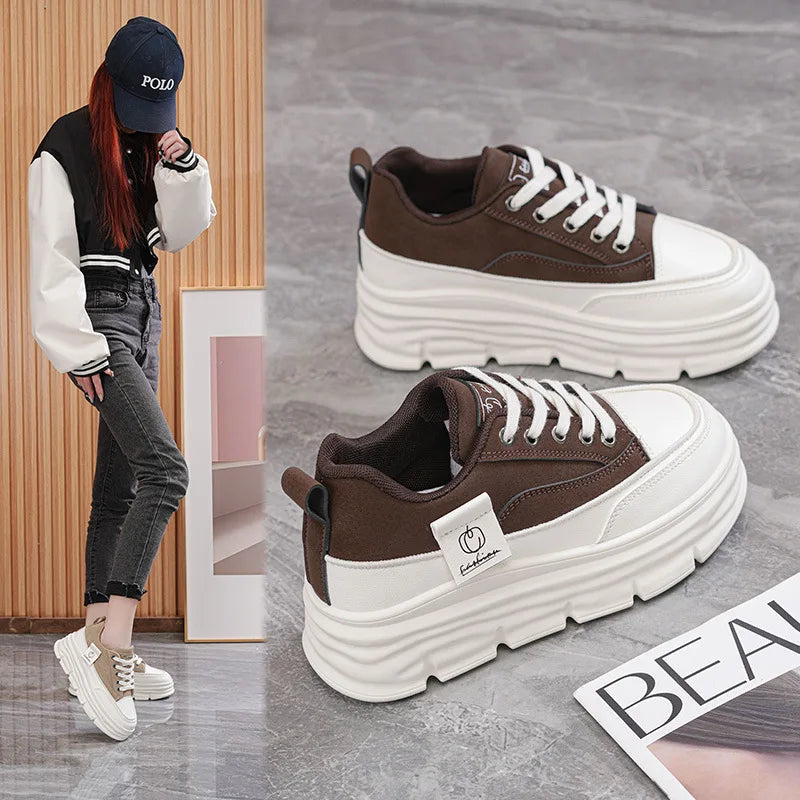 Shoes2025 Women Autumn Trend New Woman Flats Shoes Chunky Lace-up Soft-sole Casual Sneakers Female Vulcanized Shoe Walking Shoe