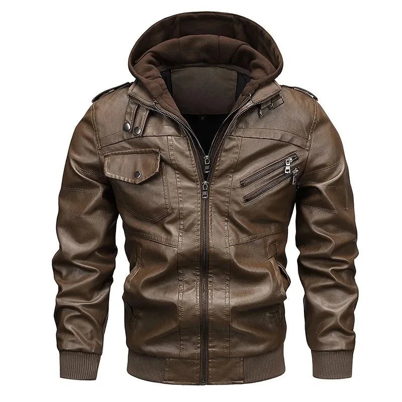Car Leather Jacket Men's Short Knitted Hooded Casual Business Retro PU Leather