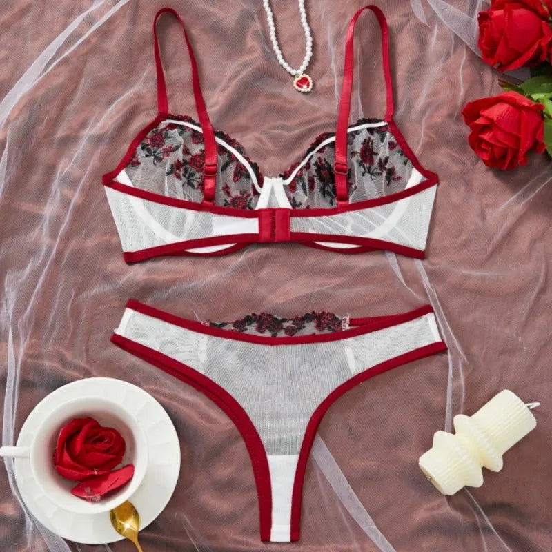 Sexy Women's Erotic Underwear Exotic Transparent Bra Sets Embroidered Flowers See Through Push Up Thin Bra Adult Lingerie Suits