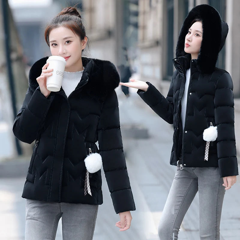 New Winter Jacket Women Parkas Faux Fur Collar Hooded Jacket Female Down Cotton Jacket Parka Outwear Ladies Overcoat