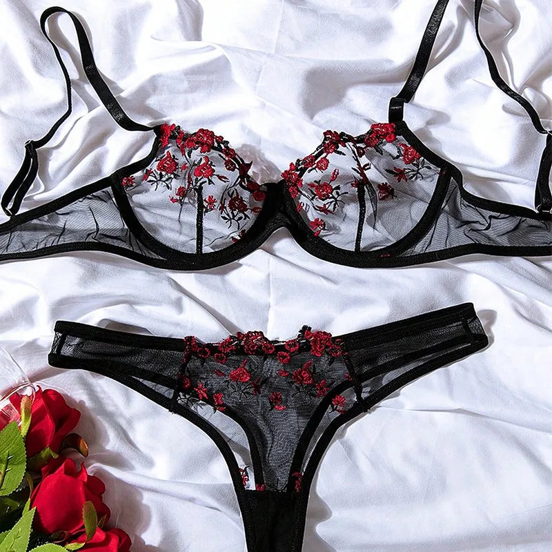 Sexy Women's Erotic Underwear Exotic Transparent Bra Sets Embroidered Flowers See Through Push Up Thin Bra Adult Lingerie Suits