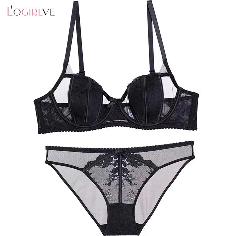 Logirlve Hollow Sexy Bra Panties Sets Ultrathin Brassiere Transparent Underwear Women Set Bras Lace Embroidery Lingerie set