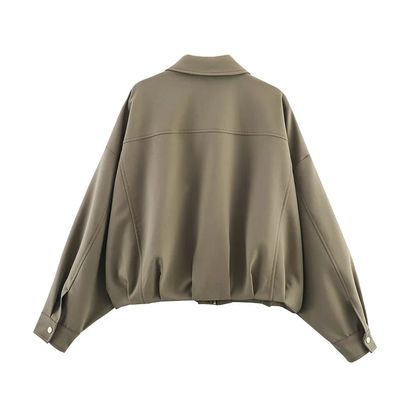 Women's Bomber Jackets Coats Fashion Pocket Decoration Turn-down Collar Long Sleeve Loose Coats Female Outerwear Chic Tops