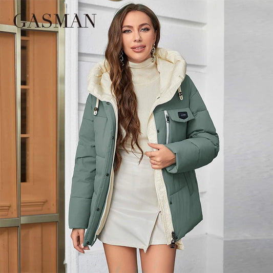GASMAN Women's Parka 2023 New Fashion Women's Stand Collar Short Slim Casual Hooded Warm Down Jacket 83682