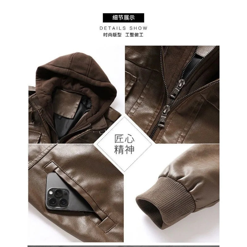 Car Leather Jacket Men's Short Knitted Hooded Casual Business Retro PU Leather