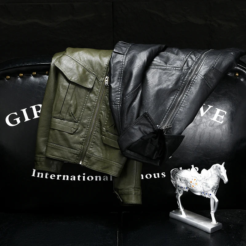 High-quality leather jacket with lapel, PU leather jacket, men's casual, trendy, slimming and fashionable leather jacket