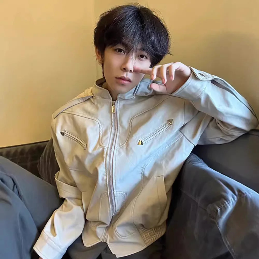 Short Leather Jacket Men's High-end and Handsome American Retro Motorcycle Spring and Autumn