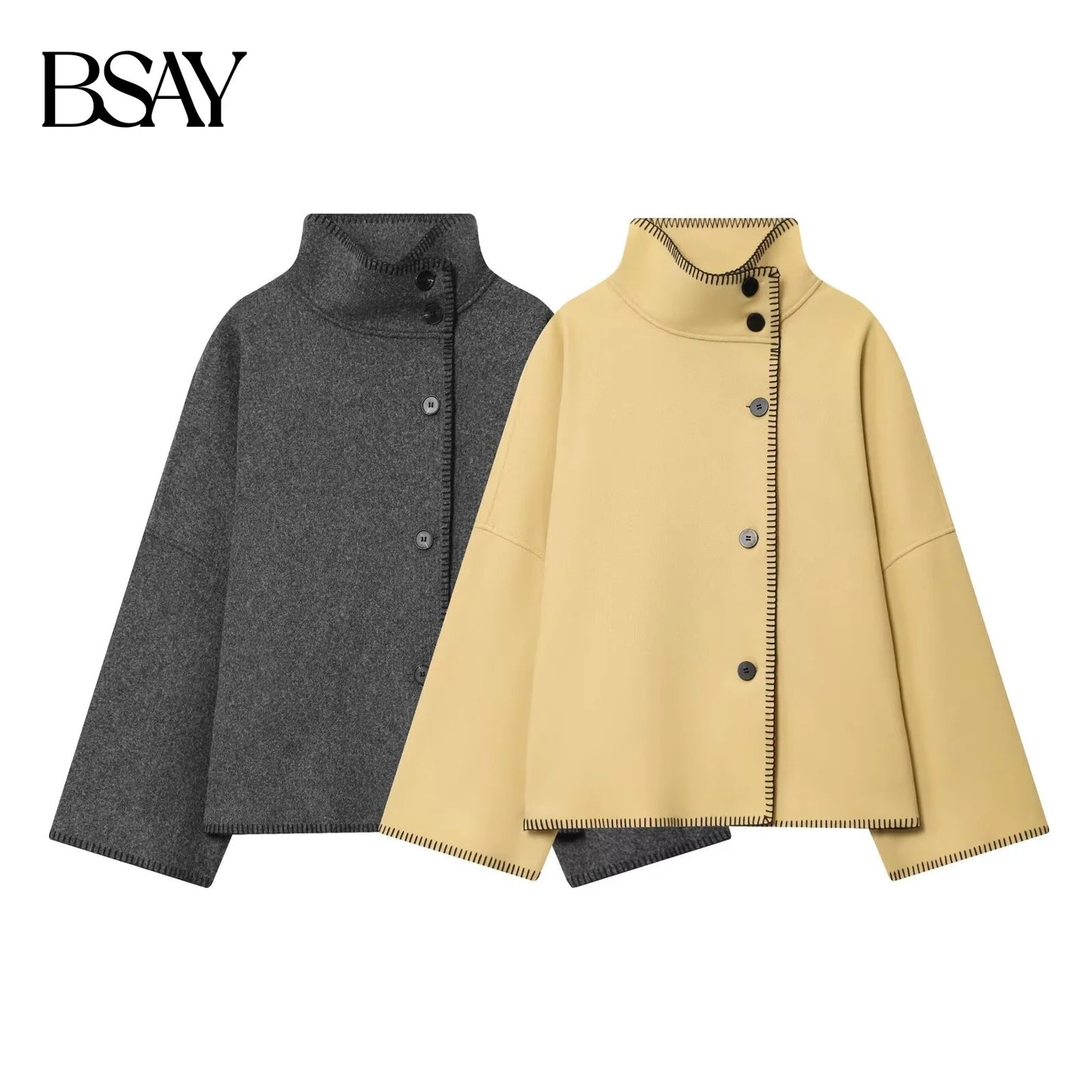 BSAY autumn new women's clothing 2025 new product French asymmetrical hem high collar single breasted long sleeved jacket
