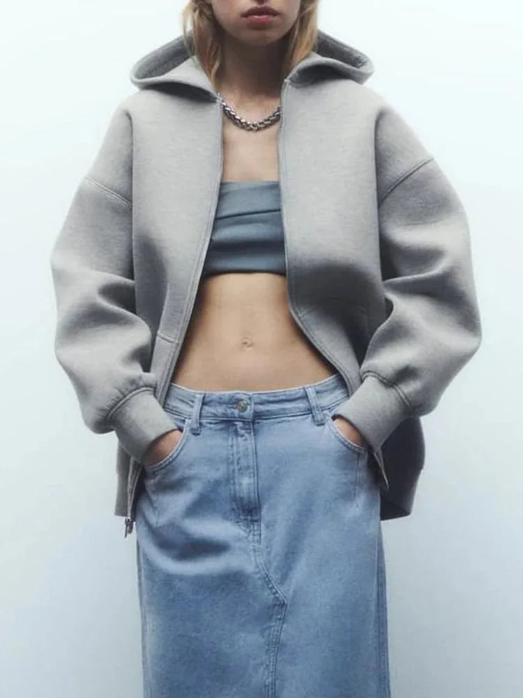 Women's Versatile Hooded Zip Long Sleeve Loose Jacket Fashion Oversized Casual Top Sweatshirt Street Basic Sports Wear
