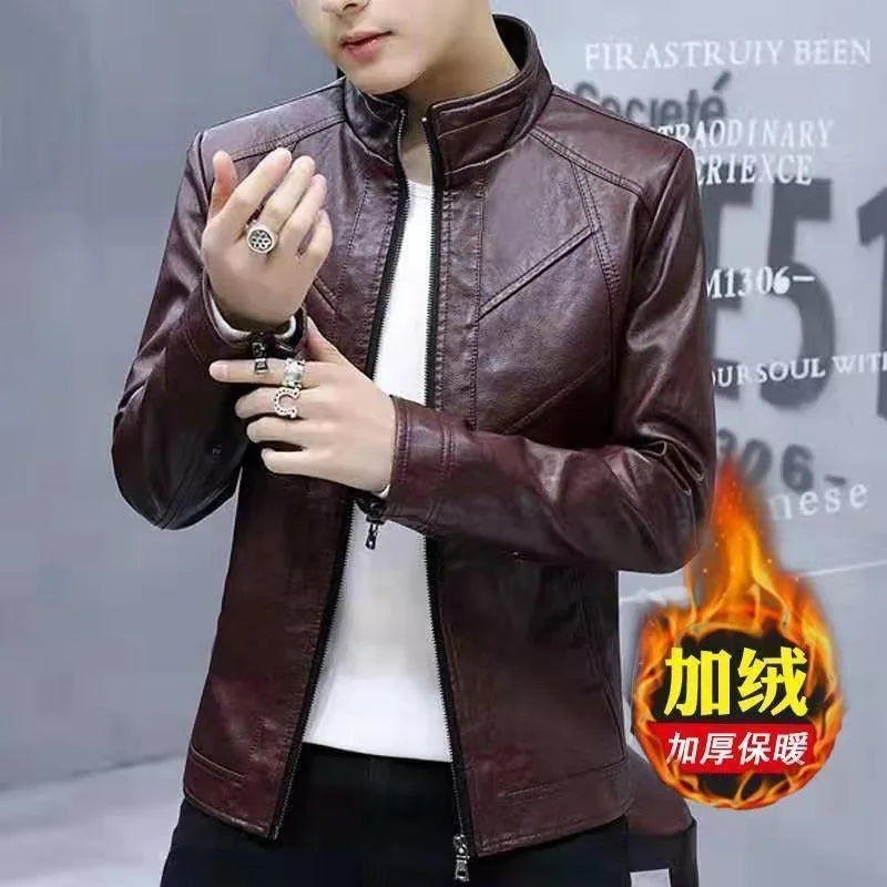 Men's Leather Jacket Is Slim Versatile Plus Velvet Warm Casual Versatile