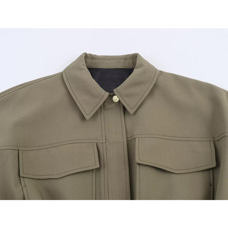 Women's Bomber Jackets Coats Fashion Pocket Decoration Turn-down Collar Long Sleeve Loose Coats Female Outerwear Chic Tops