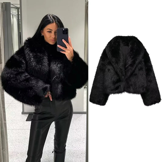MUJER Black Faux Fur Coat for Women Autumn Winter Plush Coats and Jackets Streetwear Outerwears Long Sleeve Warm Womens Coats