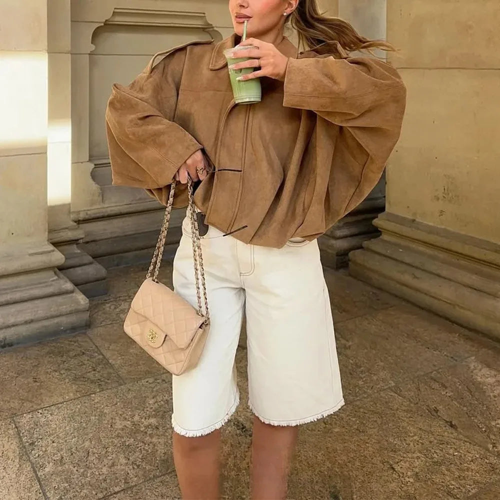 KONDALA Casual Chic Khaki Brown Bomber Jacket Women Long Sleeve Zipper Loose Coats Fashion 2025 Autumn Winter Streetwear Outwear