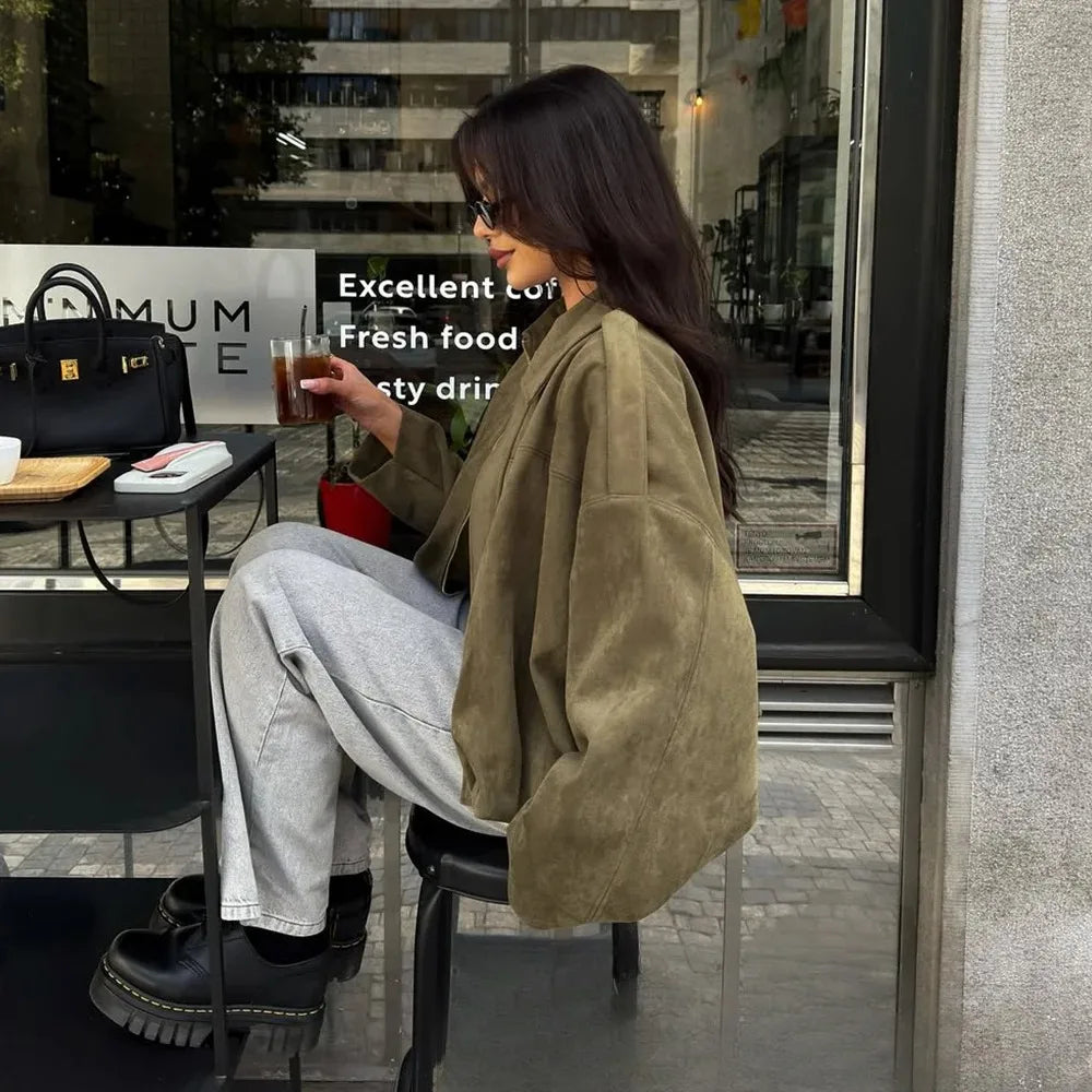 KONDALA Casual Chic Khaki Brown Bomber Jacket Women Long Sleeve Zipper Loose Coats Fashion 2025 Autumn Winter Streetwear Outwear