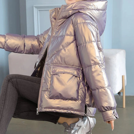 Winter Jacket Women 2025 New Glossy Down Cotton Jacket Hooded Parka Warm Cotton Padded Jacket Casual Outwear Female Tops