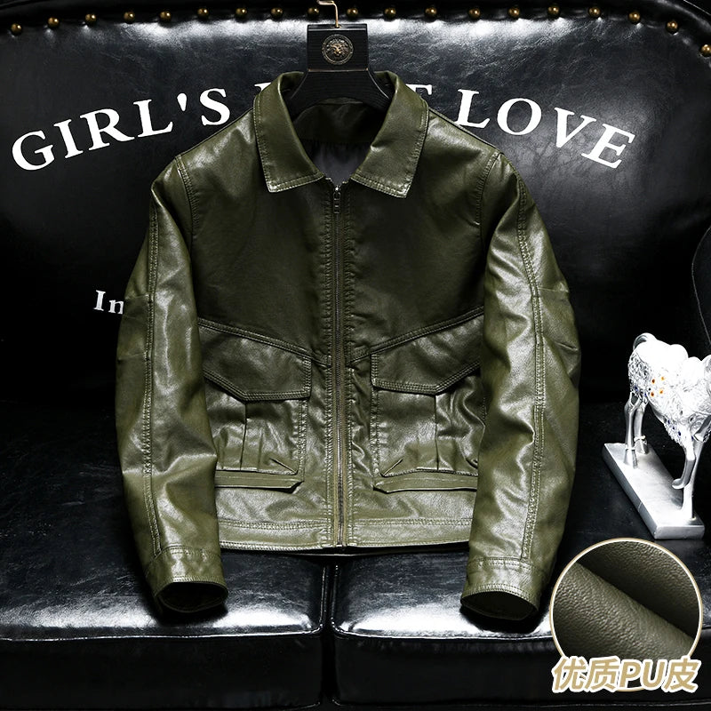 High-quality leather jacket with lapel, PU leather jacket, men's casual, trendy, slimming and fashionable leather jacket