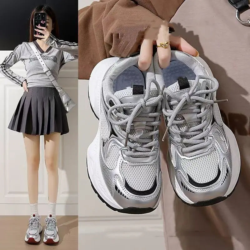 Dad's shoes, women's new Instagram versatile white shoes with thick soles to increase appearance, running sports