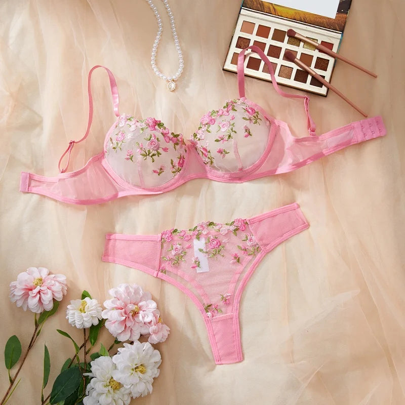 Sexy Women's Erotic Underwear Exotic Transparent Bra Sets Embroidered Flowers See Through Push Up Thin Bra Adult Lingerie Suits