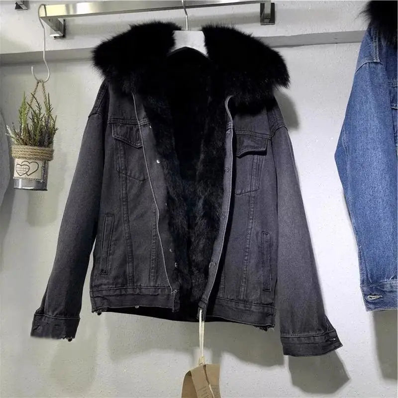 Winter Women Warm Basic Coat Big Fur Collar Denim Jacket Female Cold Motorcycle Jackets Outerwear Fleece Thick Casual Overcoat