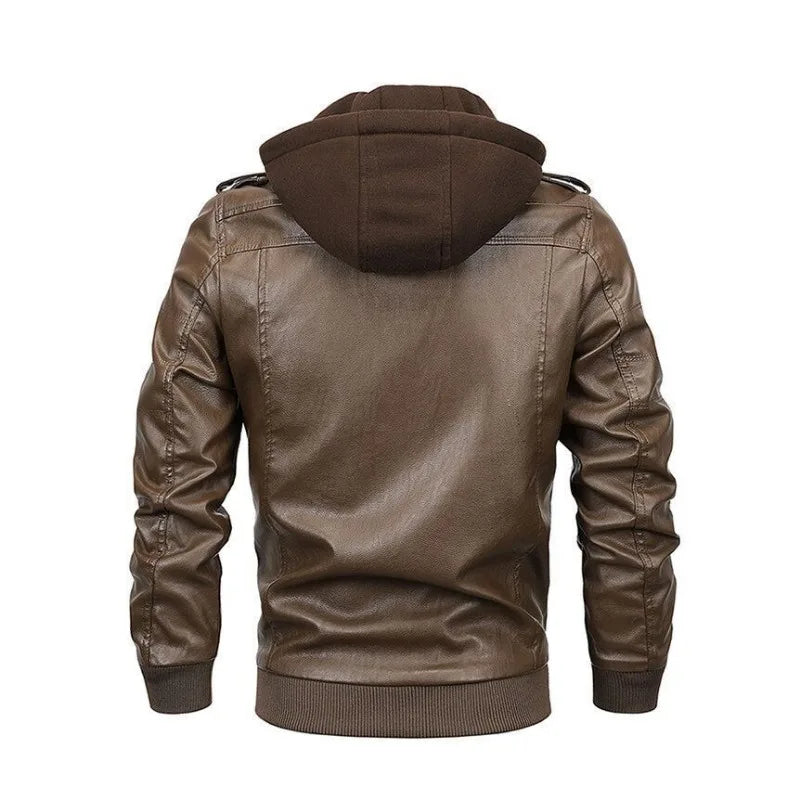 Car Leather Jacket Men's Short Knitted Hooded Casual Business Retro PU Leather