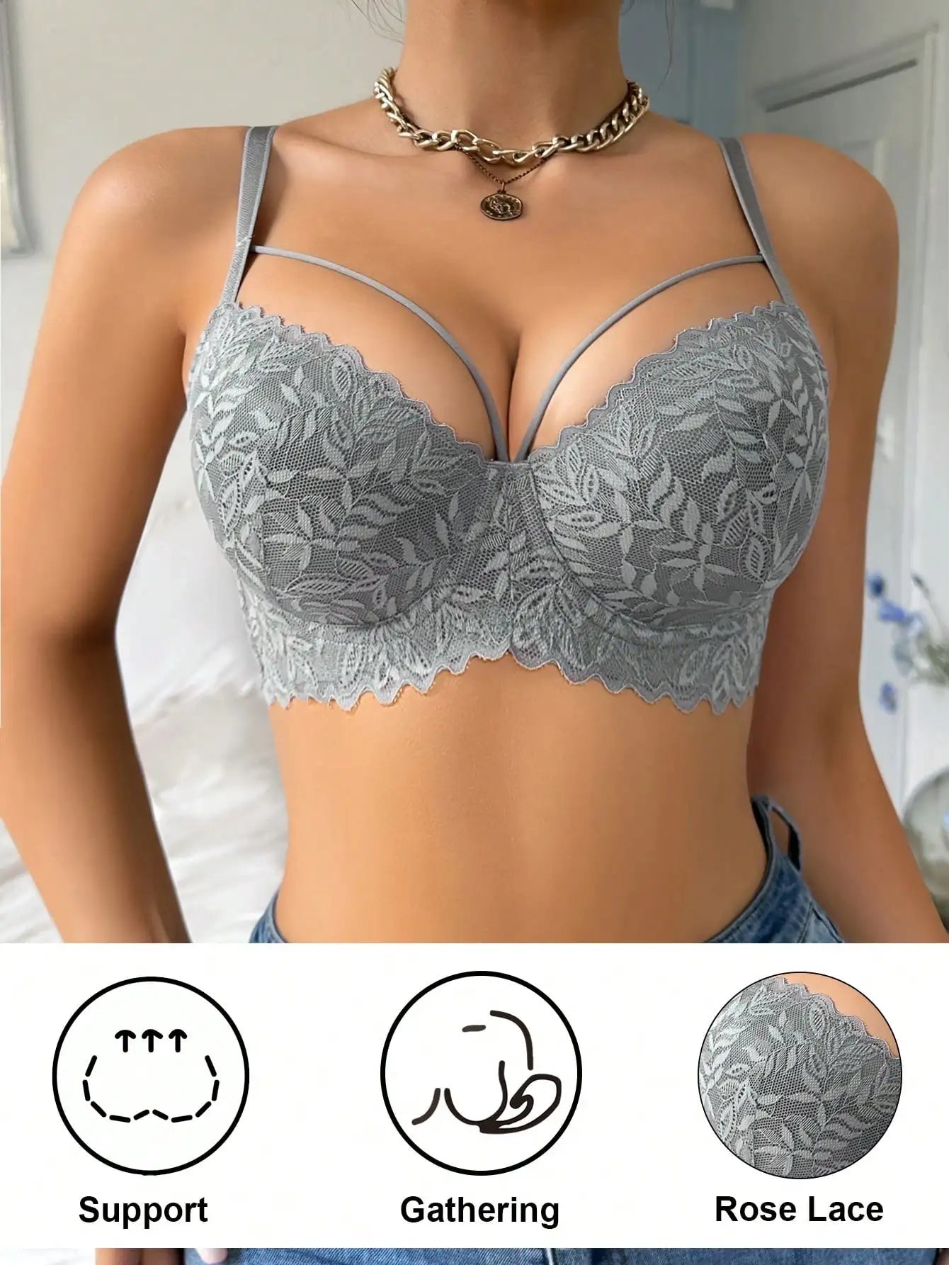 Women's Sexy Lace Bra, Underwire Push-Up Support, Anti-Sagging and Beautiful Breasts, Suitable for Dating, Comfortable Daily Bra