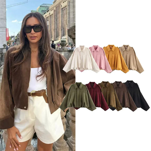 Women Faux Suede Bomber Jacket Turn-down Collar Side Zipper Long Sleeves Spring Autumn Vintage Female Coat Outerwear