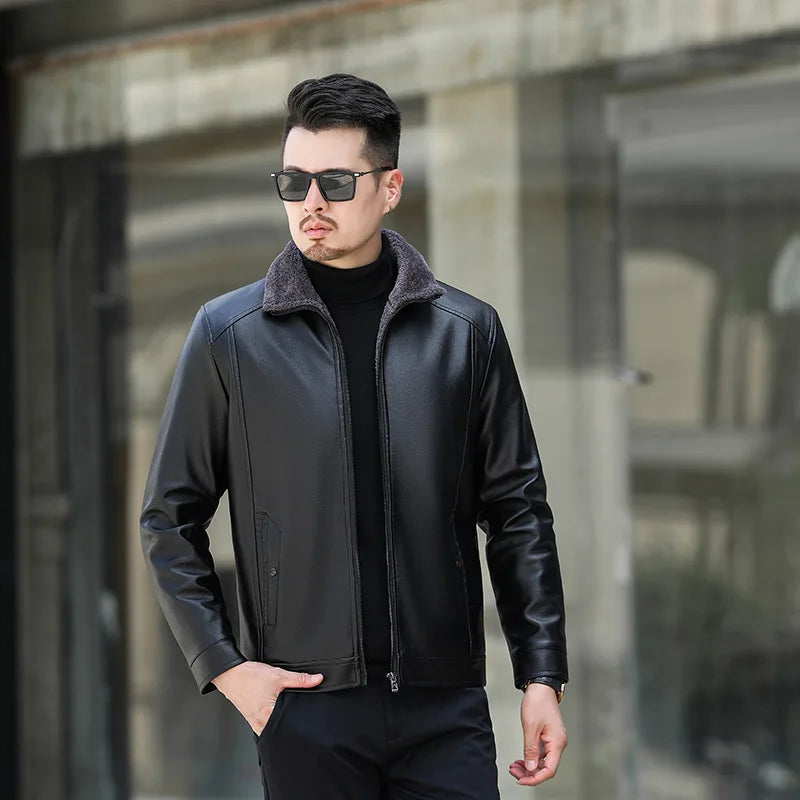 2025 New Leather Jacket Men's Coat Fur One-piece Jacket Winter Plus Velvet Thickened Loose