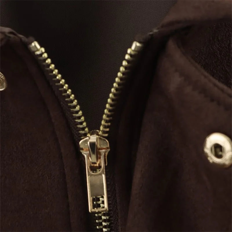 Women Faux Suede Bomber Jacket Turn-down Collar Side Zipper Long Sleeves Spring Autumn Vintage Female Coat Outerwear