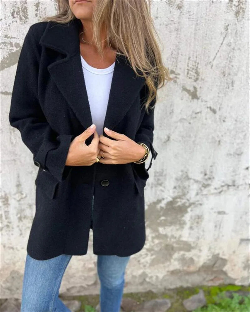 Plus size women's autumn and winter casual fashion solid button lapel wool plus size women's coat
