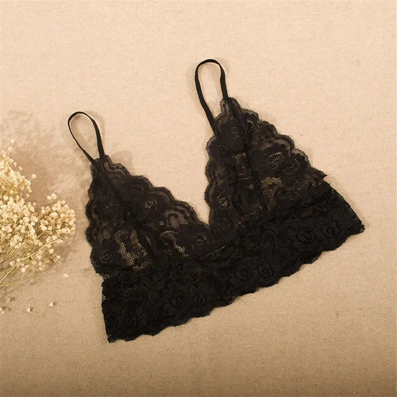 New Sexy Women Bra Unlined Lace Sexy Seamless Corsets Bralette Bustier Cross Bandage Crop Tank Top Floral Sheer Lace Bra Active