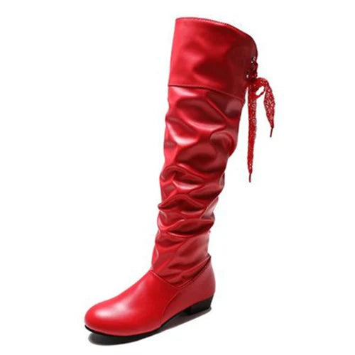 2023Shoes For Women  Knee High Boots Red Black White Tall Boots Woman Pleated Low Heel Casual Leather Female Long Shoes