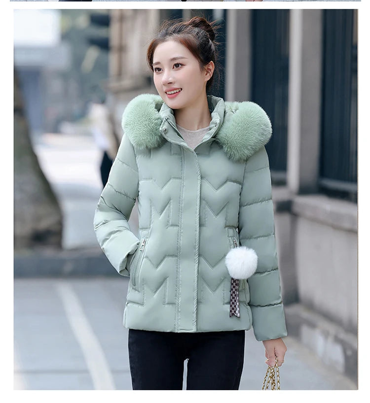 New Winter Jacket Women Parkas Faux Fur Collar Hooded Jacket Female Down Cotton Jacket Parka Outwear Ladies Overcoat