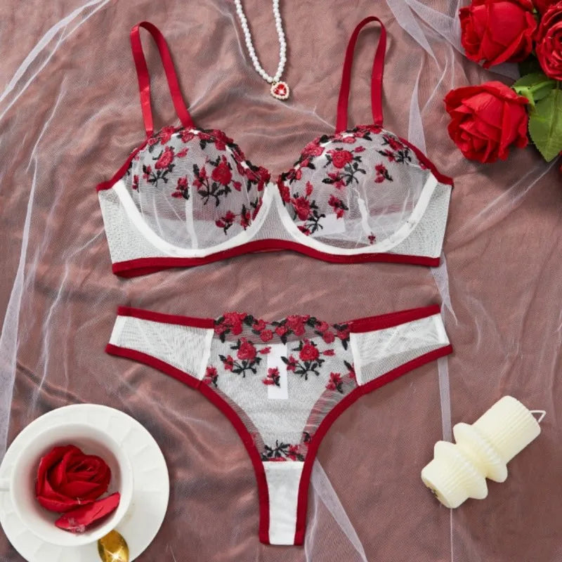 Sexy Women's Erotic Underwear Exotic Transparent Bra Sets Embroidered Flowers See Through Push Up Thin Bra Adult Lingerie Suits