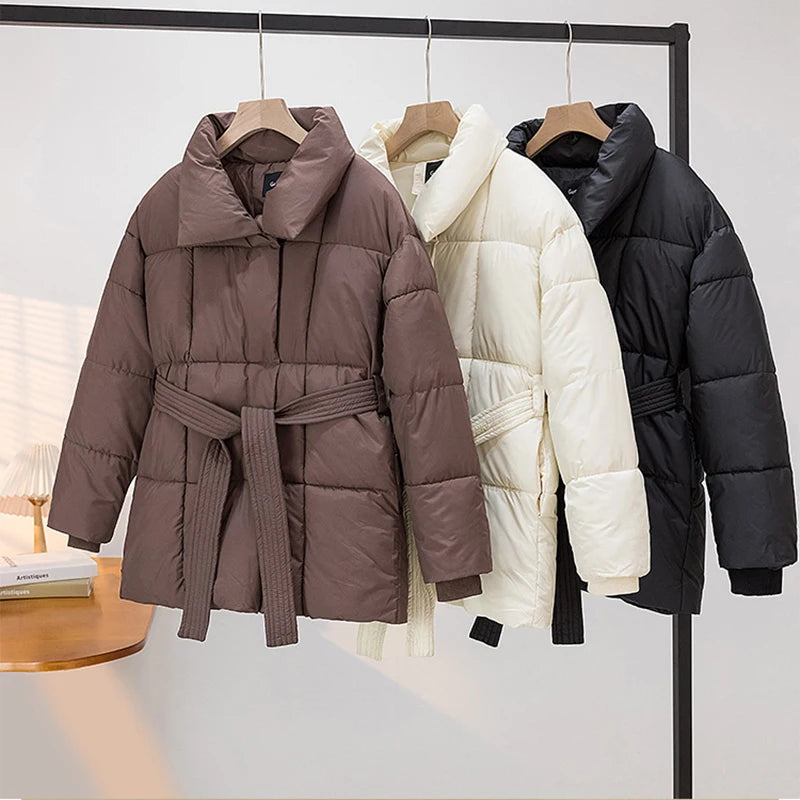 2024 With a Belt Jacket Women Winter Jacket Woman Parkas Solid Thicken Warm Female Snow Wear Coat Cotton Padded Outwear Clothes