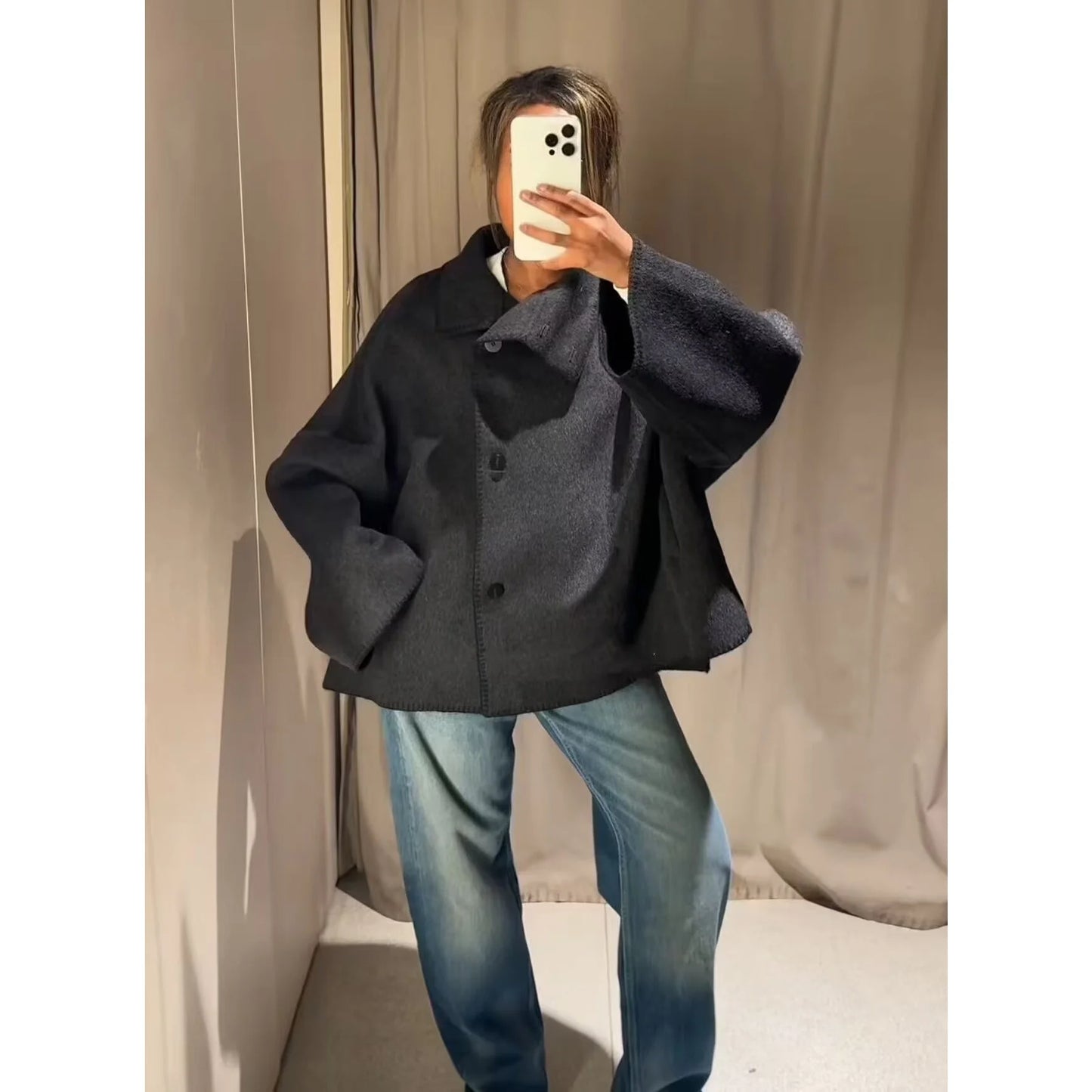 BSAY autumn new women's clothing 2025 new product French asymmetrical hem high collar single breasted long sleeved jacket
