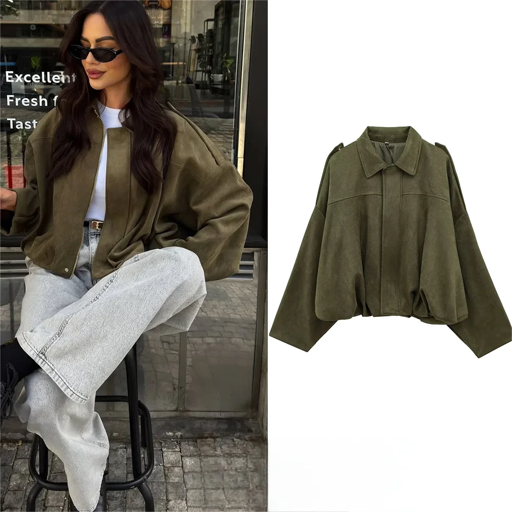 KONDALA Casual Chic Khaki Brown Bomber Jacket Women Long Sleeve Zipper Loose Coats Fashion 2025 Autumn Winter Streetwear Outwear